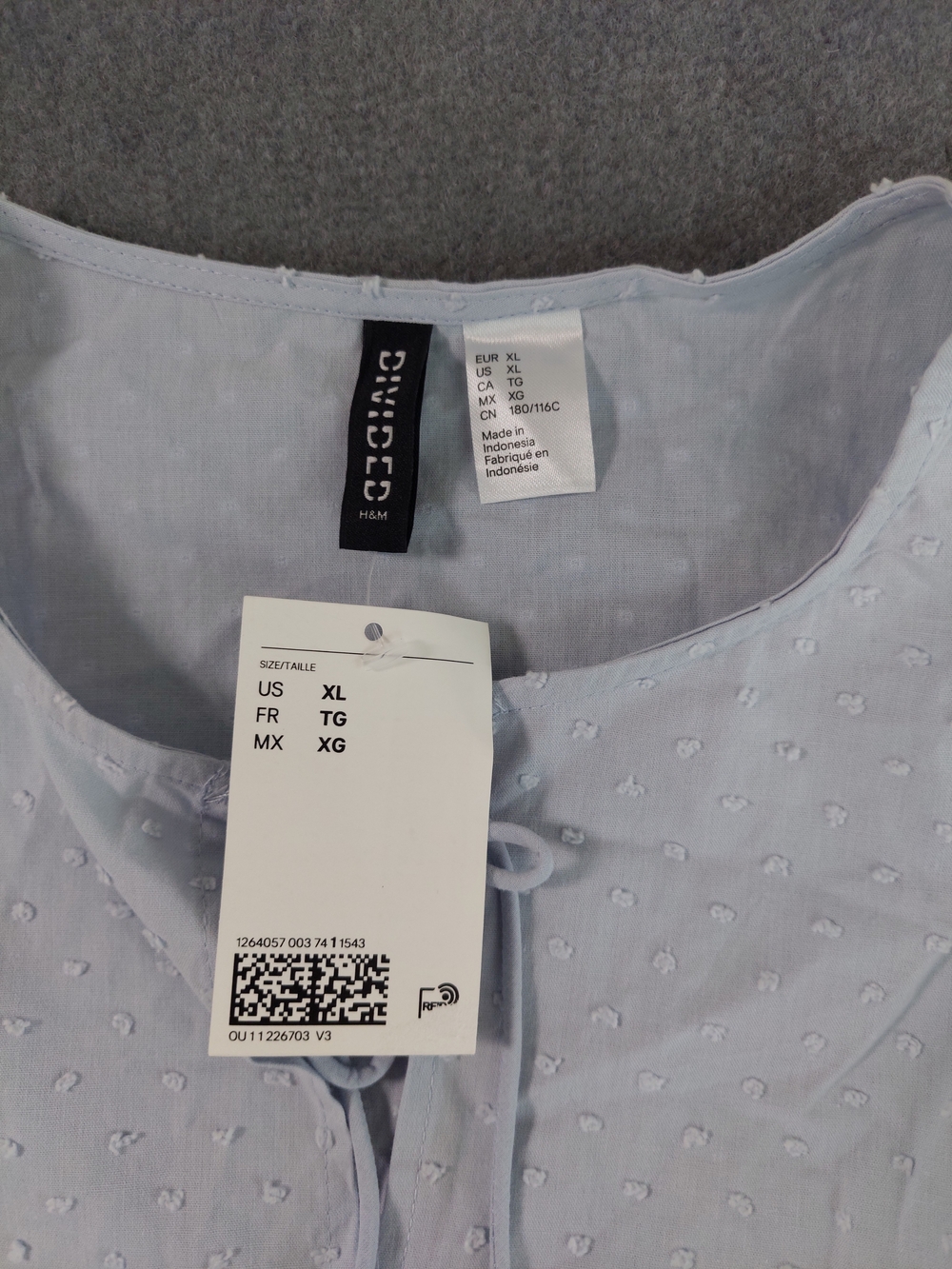 NWT H&M Divided Swiss Dot Puff Sleeve Blouse Light Blue Peplum Top XL Cotton - Picture 3 of 7